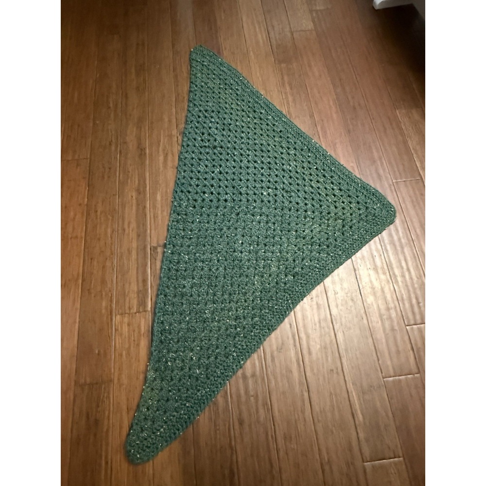 Handmade Crochet Triangle Shawl Green Metallic Fleck Oversized Wrap 70+"
